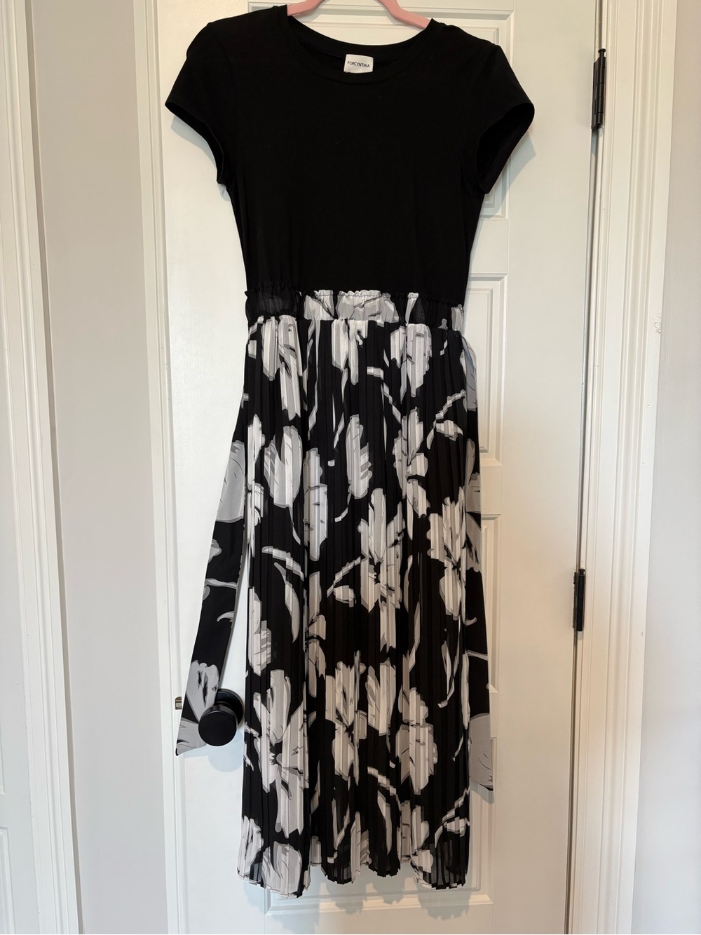 Black and white pleated midi dress